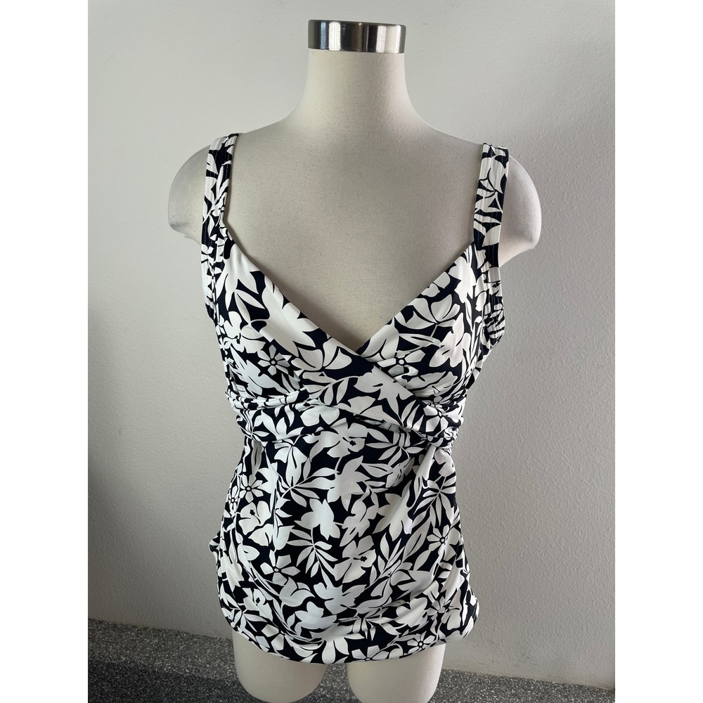 Lands End Womens 14 DD Black White Floral Tankini Top Twist Front Swimwear